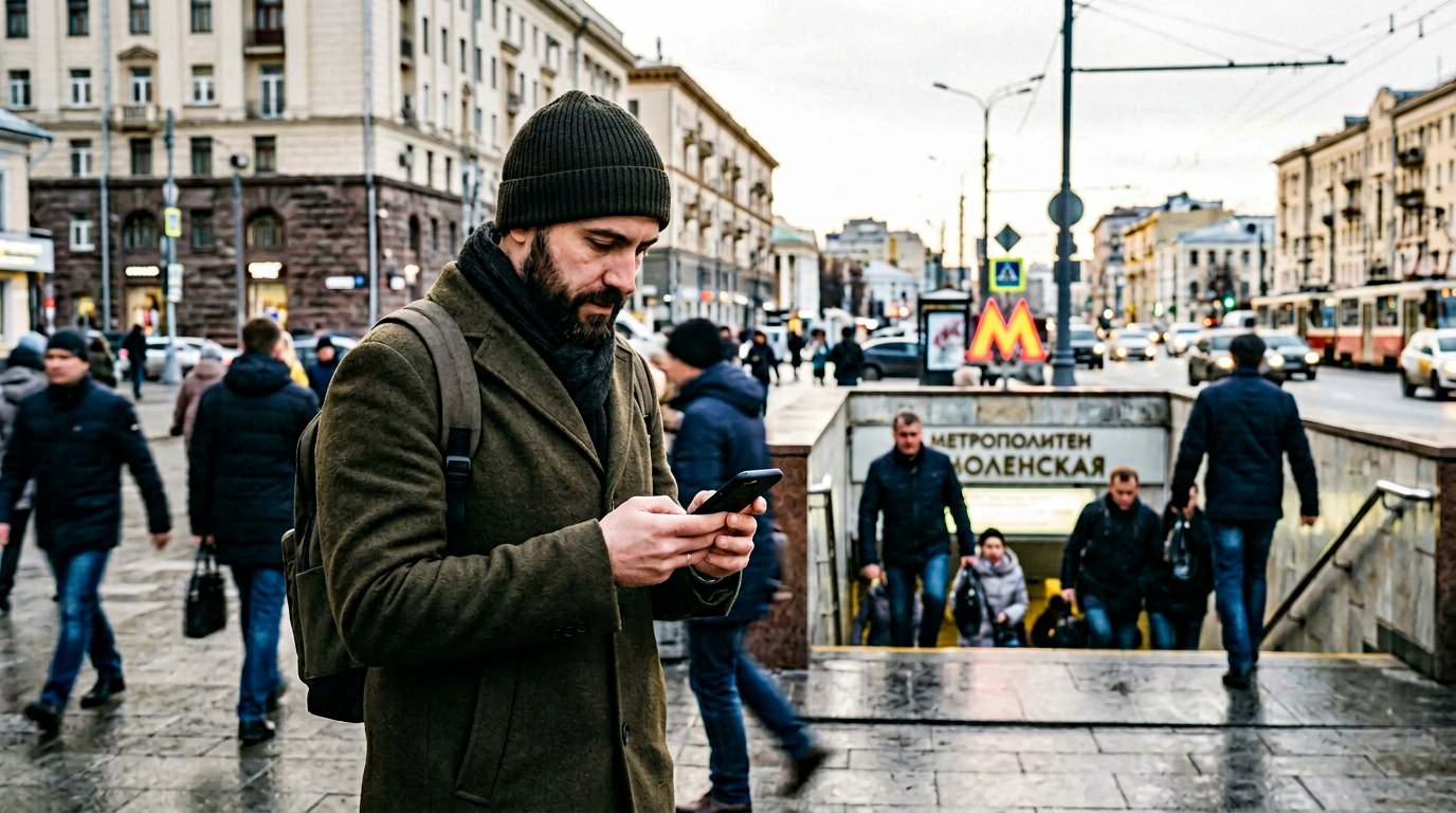 Человек в городе смотрит в телефон: подбор квартиры у метро